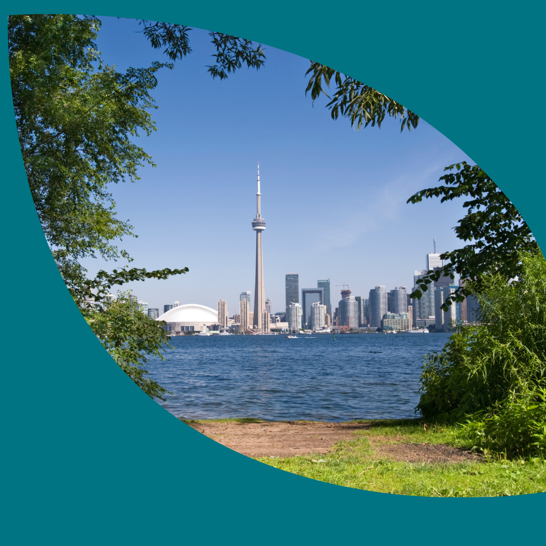 A view of the city of Toronto and its CN Towel from Toronto Island